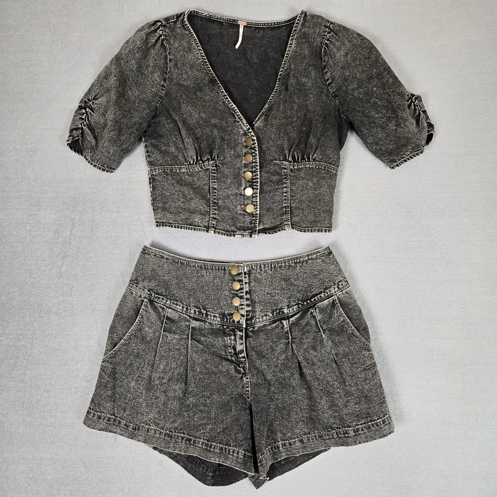Free‎ People Twice As Nice Summer Top & Shorts Set Womens 8 Denim Black
